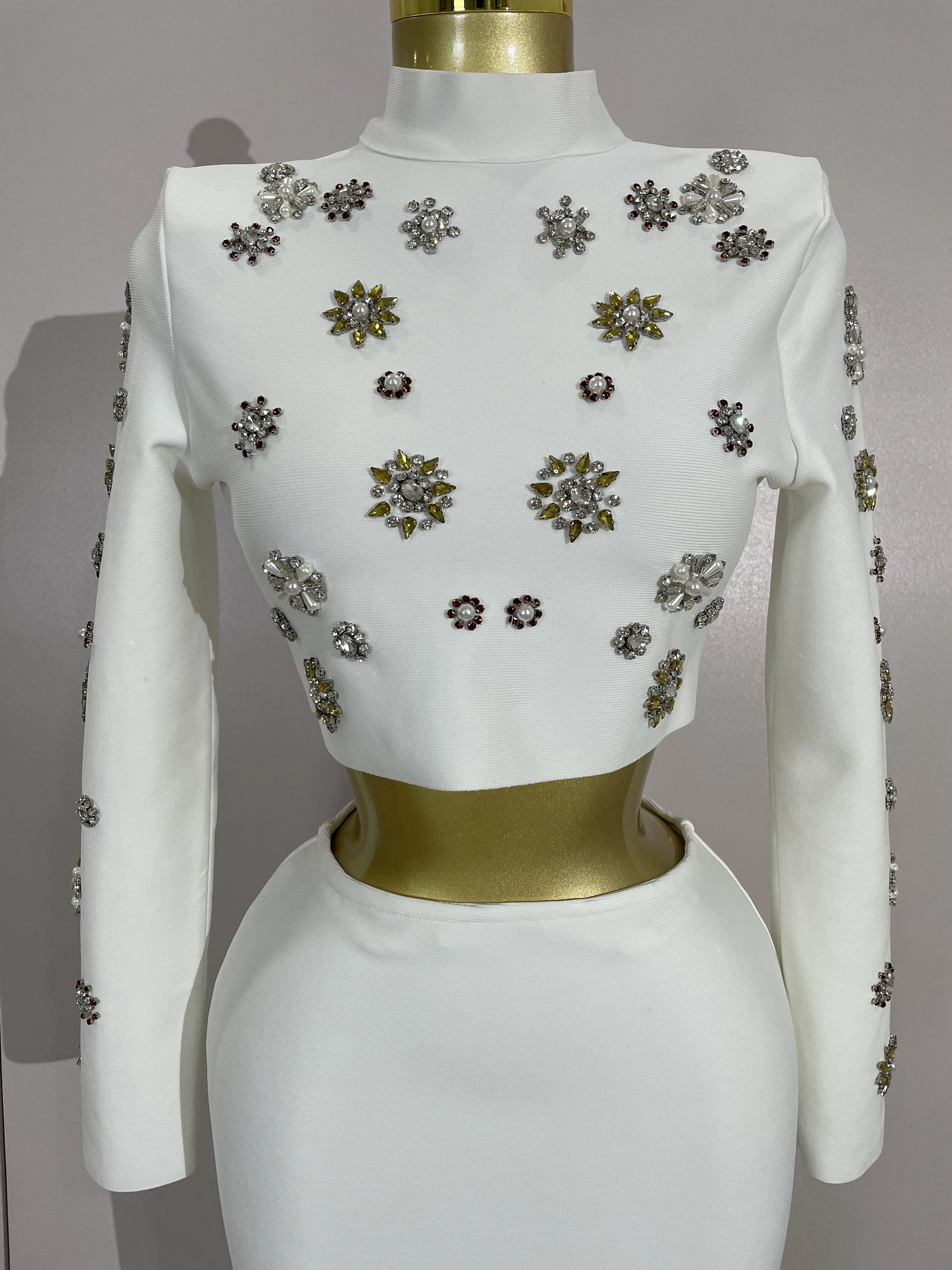 

STOCK Luxury Sparkly Pearl Diamond Long Sleeves Two Piece Set Celebrity Elegant Birthday Evening Party Dress Wedding Guest Gowns