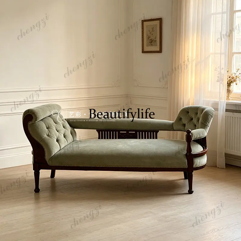 French solid wood living room chaise longue green velvet retro recliner bedroom single sofa