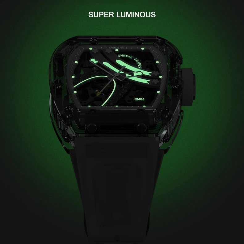 Reloj Automático CRONUSART para hombre, reloj de pulsera mecánico Tonneau de lujo, caja de cristal, correa luminosa de fluororubber, esqueleto