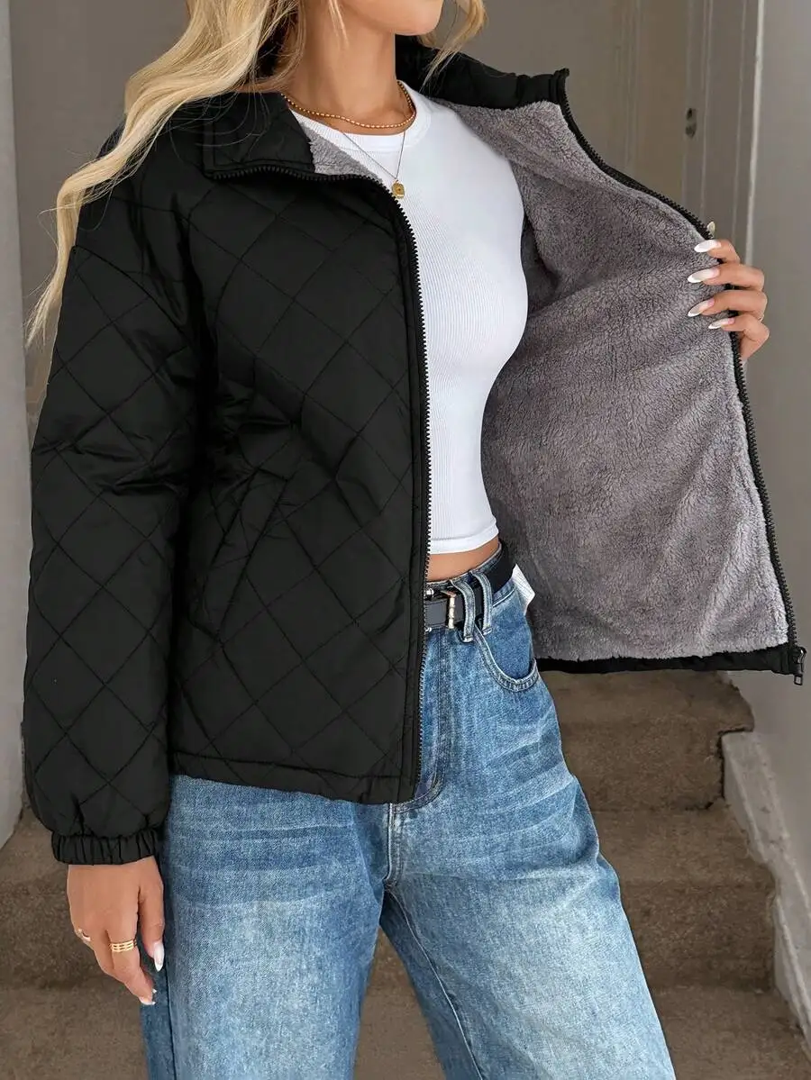 

Women's Quilted Zip-Up Jacket with Sherpa Lining, Casual Winter Coat for Fall & Winter