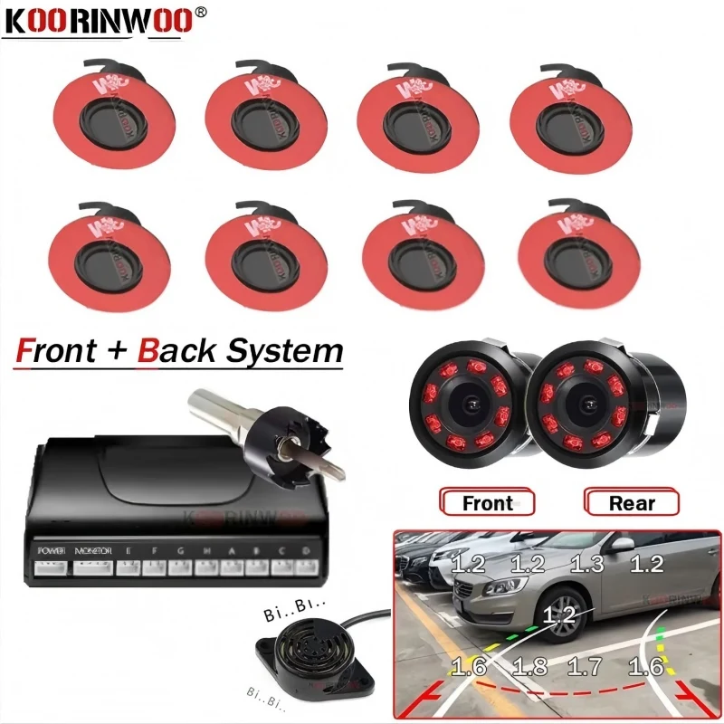 Koorinwoo Cars Parking Sensors Kit 16.5mm Auto Park Assist Parktronic Accessories Front And Rear Radar For Video Android System