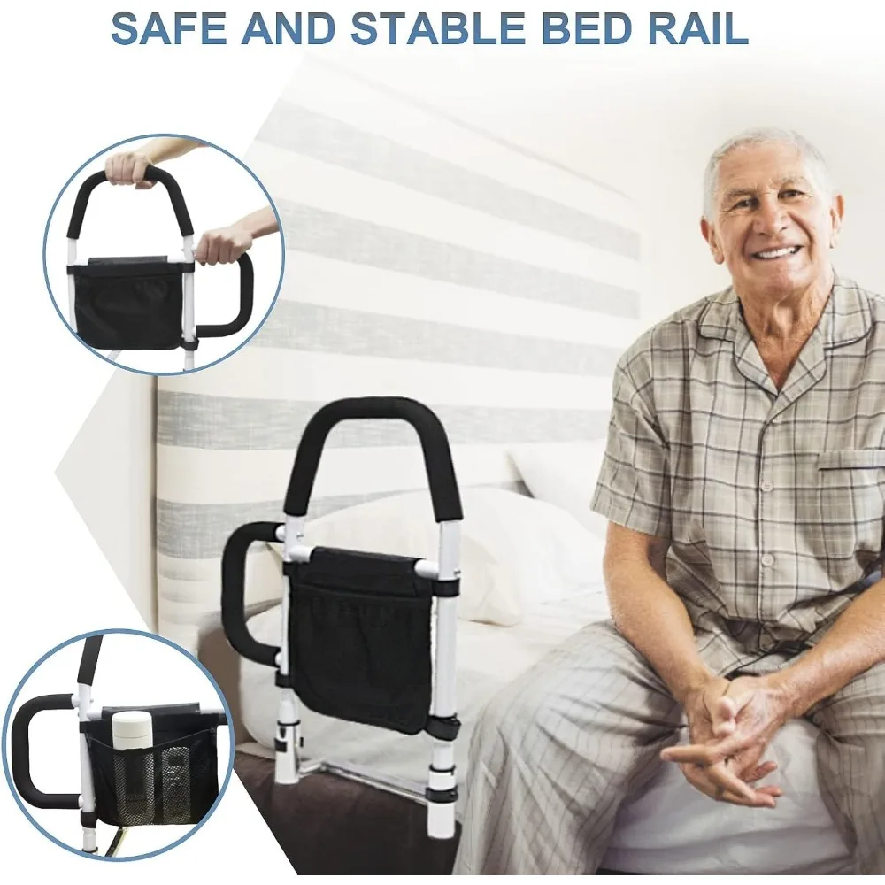 Rail de sécurité de lit pour adultes âgés avec barres d'appui et poche de rangement, convient aux lits Queen, King, Full, Twin, supporte jusqu'à 350 lb