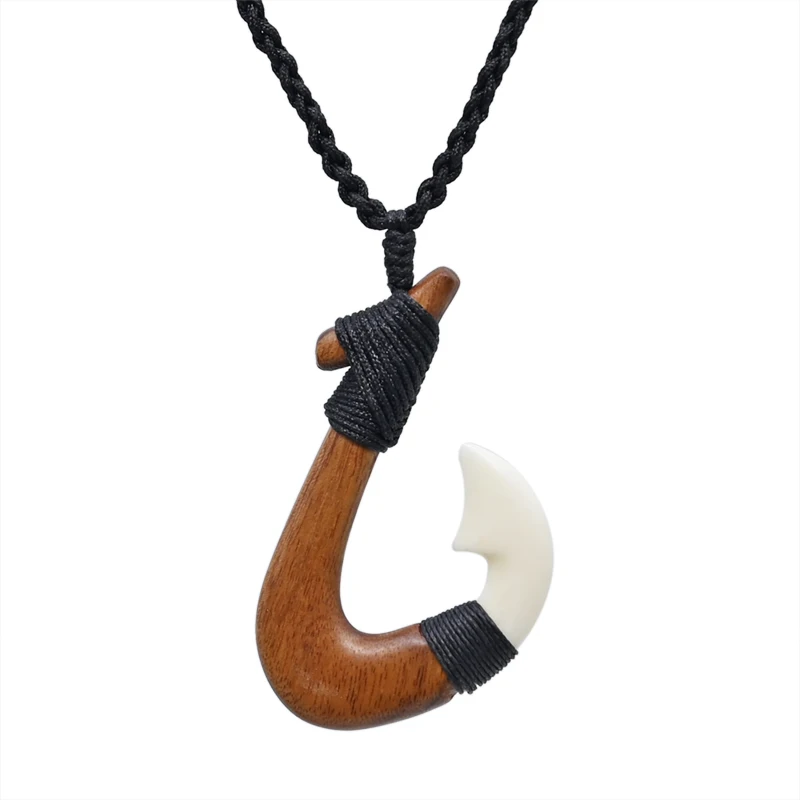 GX060 New Zealand Maori Pendant Primitive Tribes Jewelry Handmade Carved Wood Fish Hook Necklace Yak Bone Necklaces for Surfing