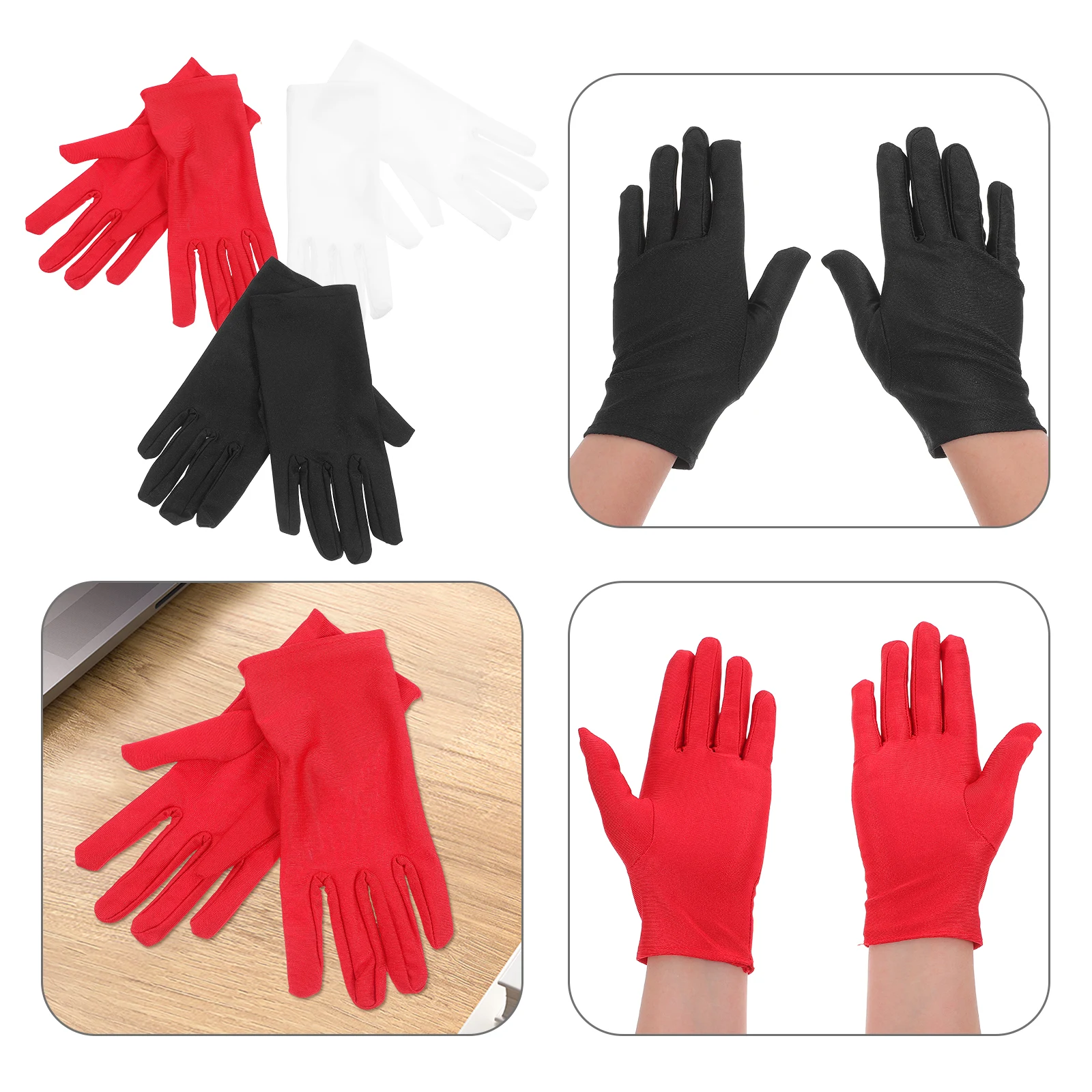 

3 Pairs Comfortable Stretchy Gloves Jewelry Inspection Etiquette Gloves Spandex Material Table Decorations White Black Red
