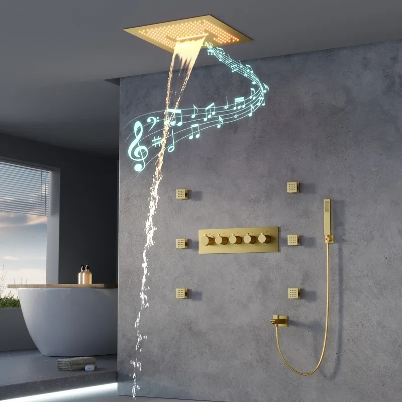Embedded 400 * 400mm brushed gold LED music shower top spray bathroom constant temperature concealed shower set