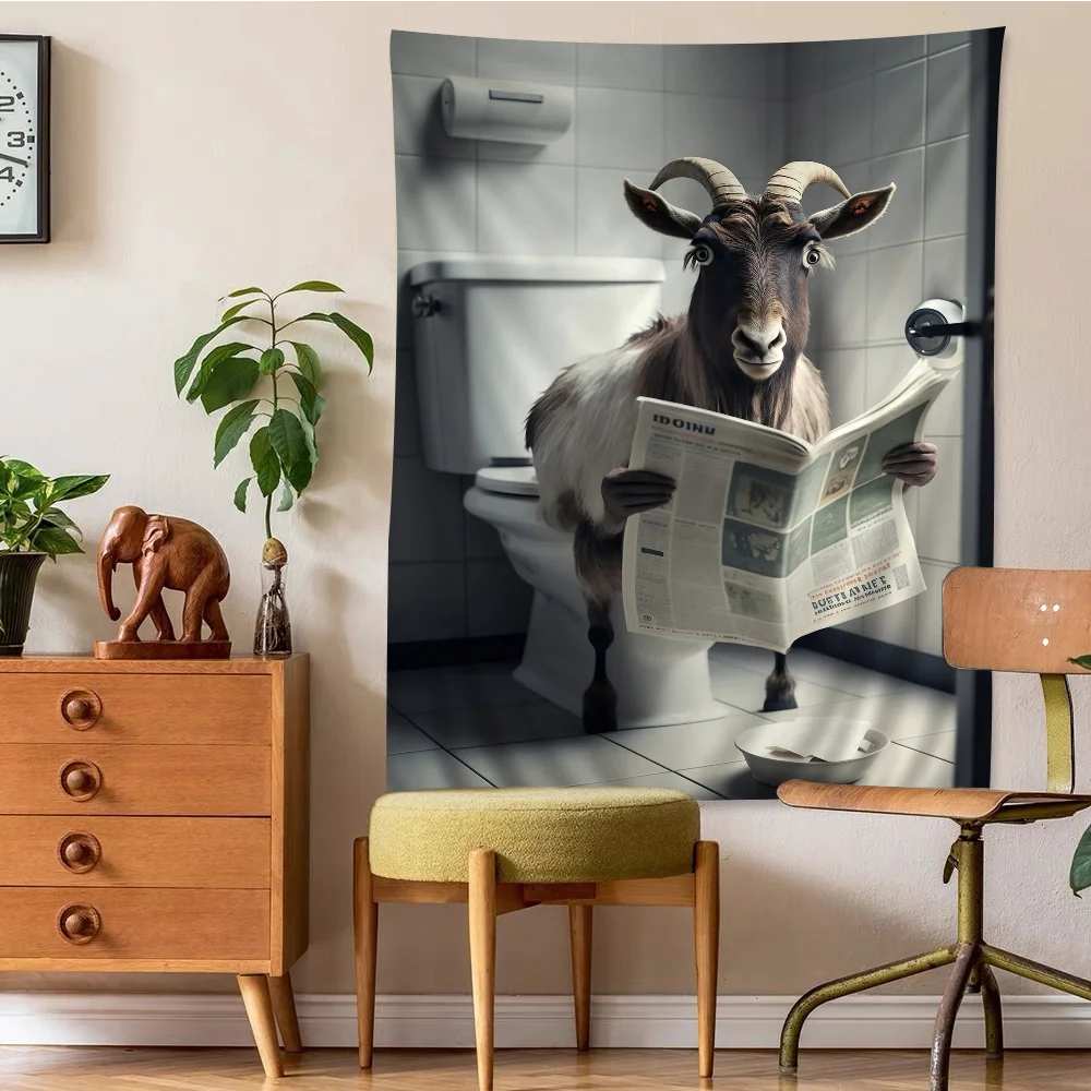 

Funny Bathroom Humorous Animal Sitting On Toilet Reading Newspaper DIY Wall Tapestry Art Science Fiction Room Home Decor