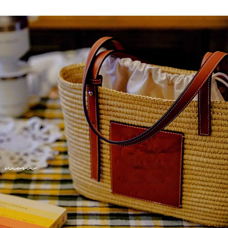 1 Set Hand-Woven Straw Bag Hand Bill Shoulder Cotton Straw Bag Pu Leather Material Bag Accessories Handles And Label Diy Backpac