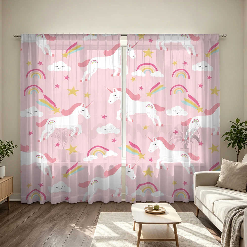 2Pcs All Over Print Rainbow Unicorn Rod Pocket Curtains Light Blocking Privacy Window Curtains For Bedroom Living Room Cute K