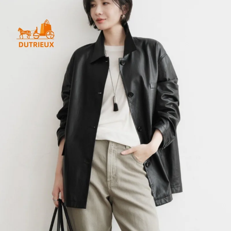 Giacca da donna in vera pelle di media lunghezza con risvolto autunno e inverno, vera pelle di pecora al 100%, cappotto versatile alla moda semplice e generoso