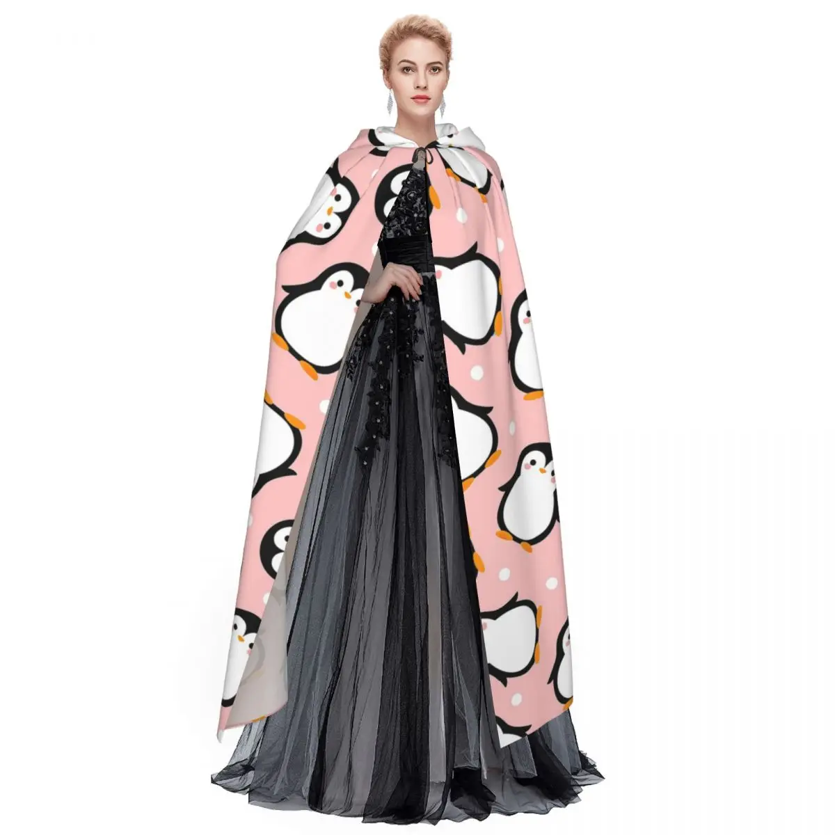 Cute Penguin On Pink Long Hooded Cloak Witch Medieval Costume Cosplay Cape HalloweenCoat Adult Unisex view 4