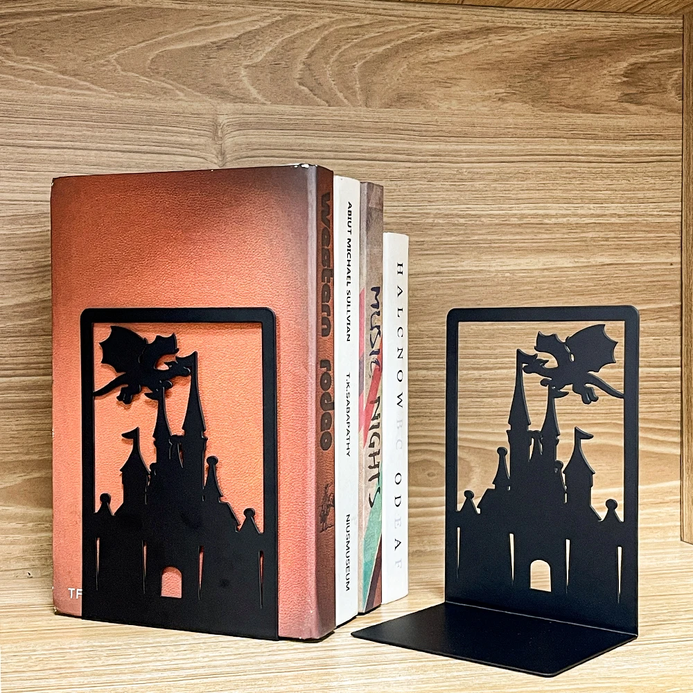 

Fantasy Dragon & Castle Metal Bookends - Black Hollow - out Design, Sturdy Book Holders for Home Library Decor