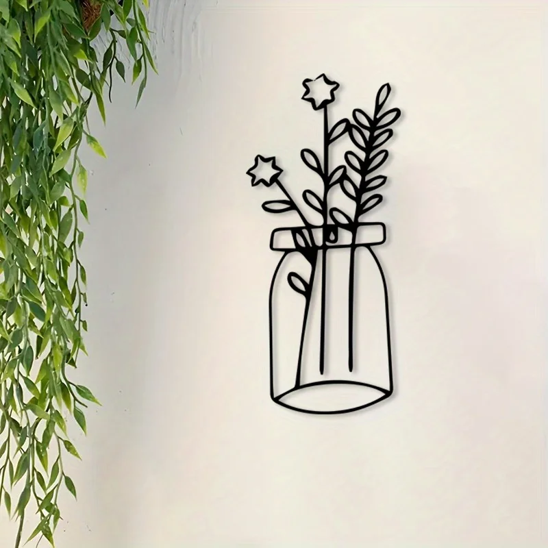 Vintage Mason Jar Metal Wall Art, 2D Flat Iron Sculpture with Star Floral, Farmhouse Living Room Decor, Year-Round Home Accent