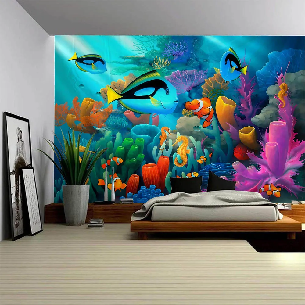 

Cartoon Decorative Tapestry Underwater World Printed Wall Hanging Bedroom Dormitory Background Cloth Wall Decorative Blanket