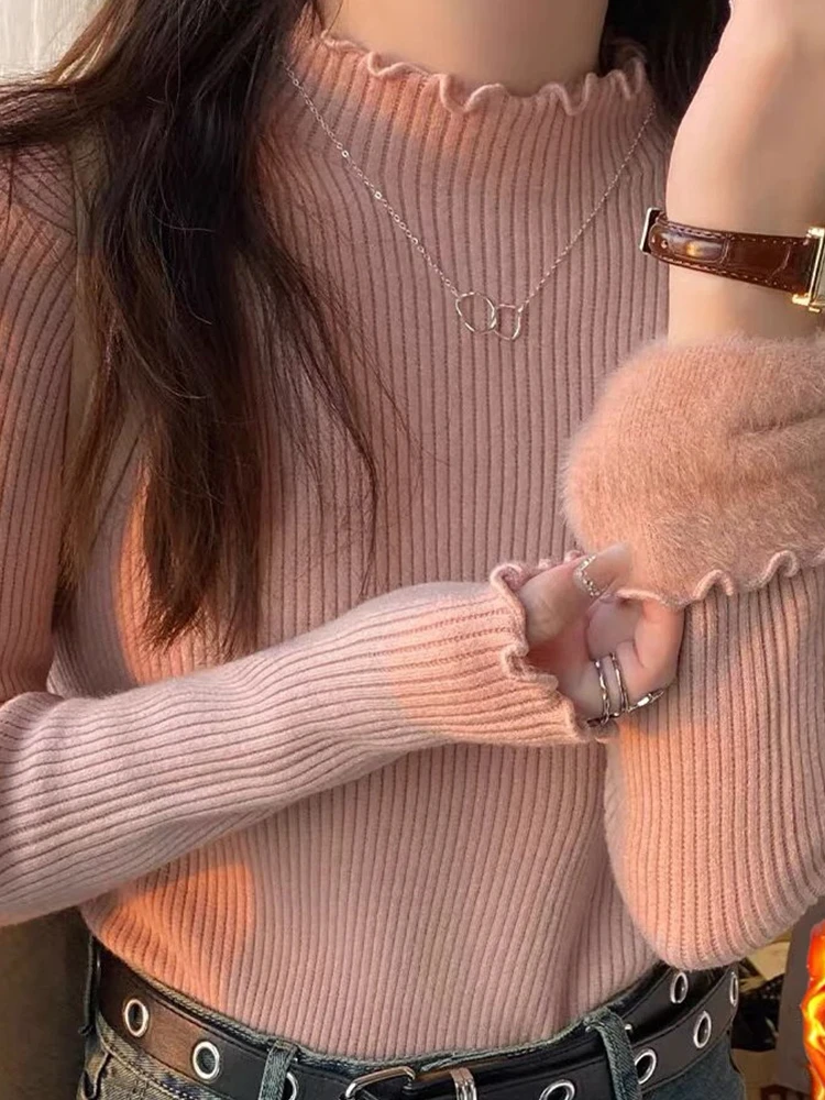 

Pink Fce Lined f High Ne Base Layer Knitwear for Women Sweet Sle Loose Fit Long Sve Winter Warm Sweater Top