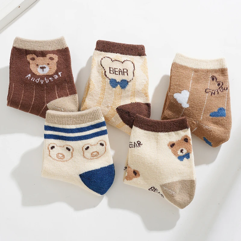 

5 Pairs Of Cartoon Bear Series Coffee Color Mid-Tube Socks High Elastic Soft And Comfortable Socks New Autumn Children's Socks