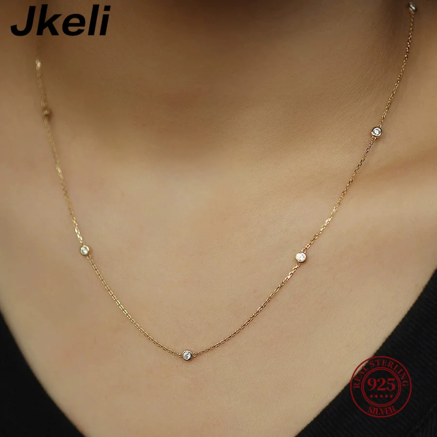 

JKeli 100% S925 Sterling Silver Round Zircon Bead Necklace for Women Gold Silver Color Korea Clavicle Chain Necklace Trendy Jewe