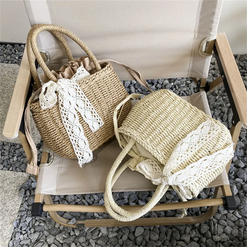 Women Straw Woven Drawstring Handbag Girls Solid Color Holiday Purse Crossbody Beach Bags Summer Rattan Tote view 6