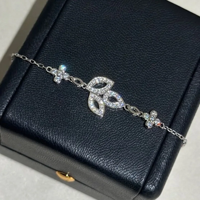 

100% 925 Sterling Silver Pave 5A Zirconia Three Leaf Flowers Bracelet For Women Fine Jewelry