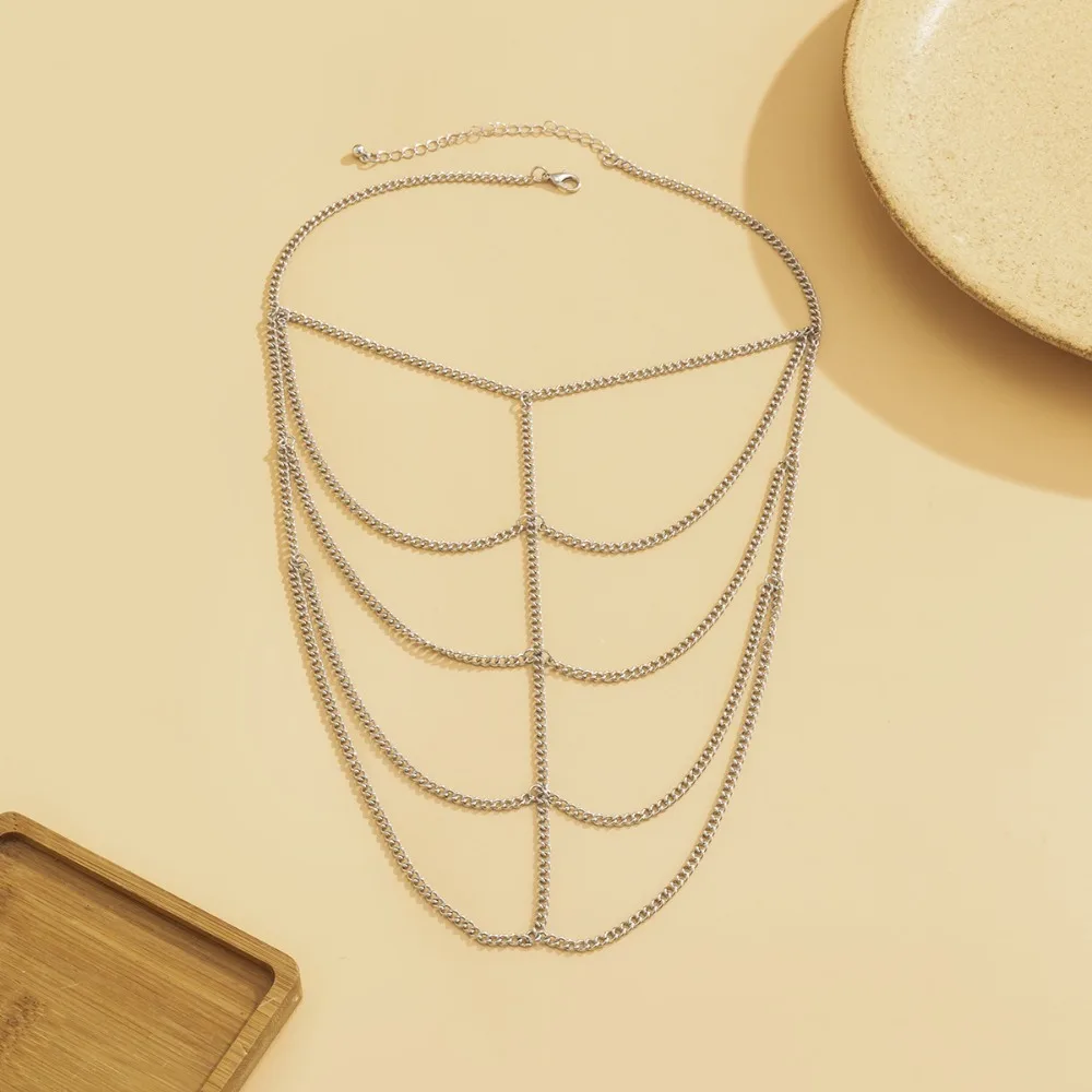 Corrente de ombro multicamada para mulheres, corrente de metal, colar punk ajustável, ornamento da moda