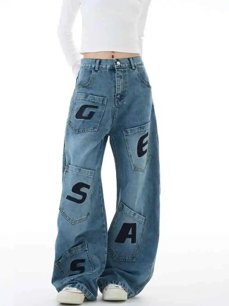

Women's Blue Y2k Baggy Cargo Jeans Japanese 2000s Style Embroidery Jean Pants Vintage Harajuku Oversize Denim Trousers Clothes