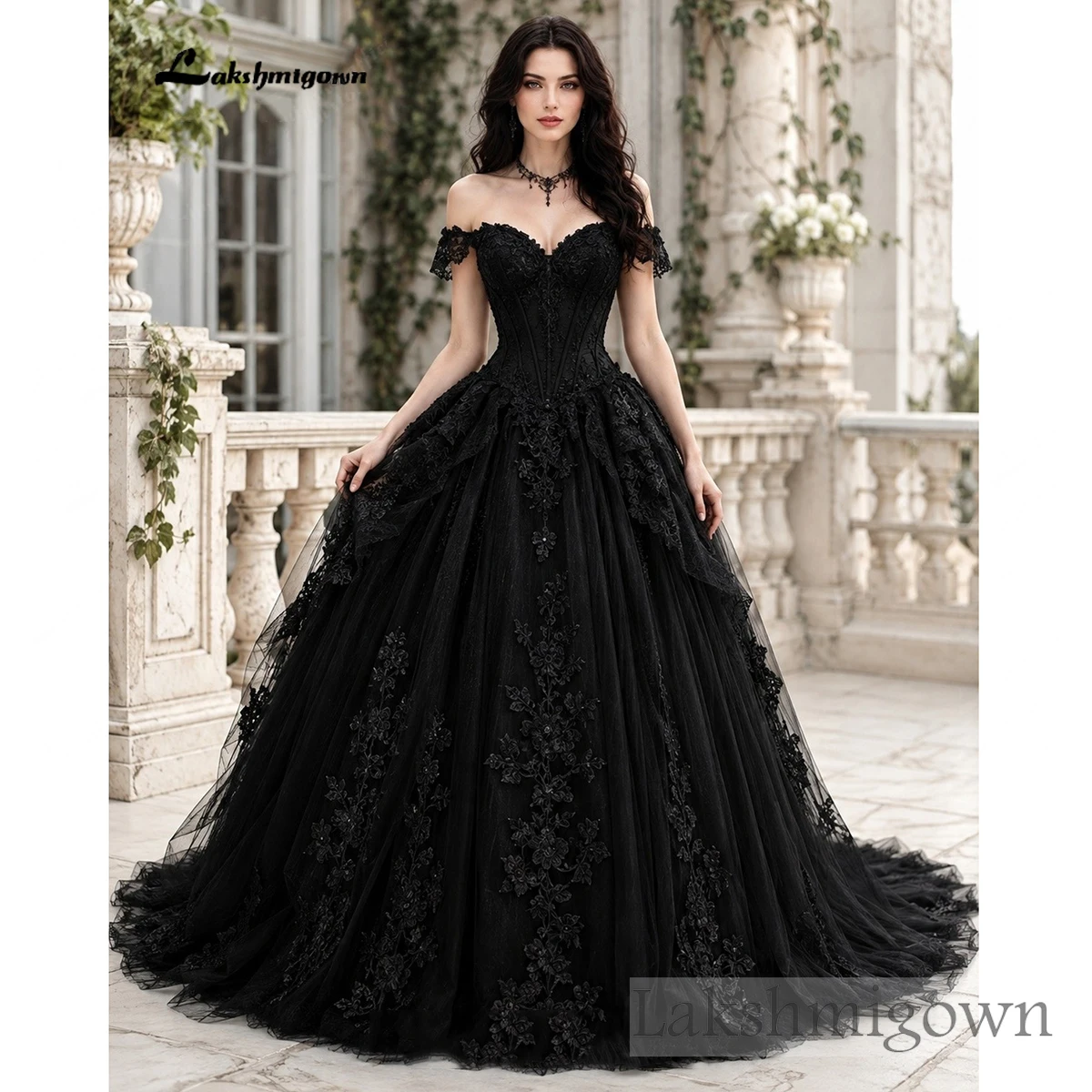 Lakshmigown Gothic Schwarzes Ballkleid Hochzeitskleid Schulterfreies Sweetheart-Korsett Schwarze Spitze Hofschleppe Brautkleid Maßanfertigung – Detail 5