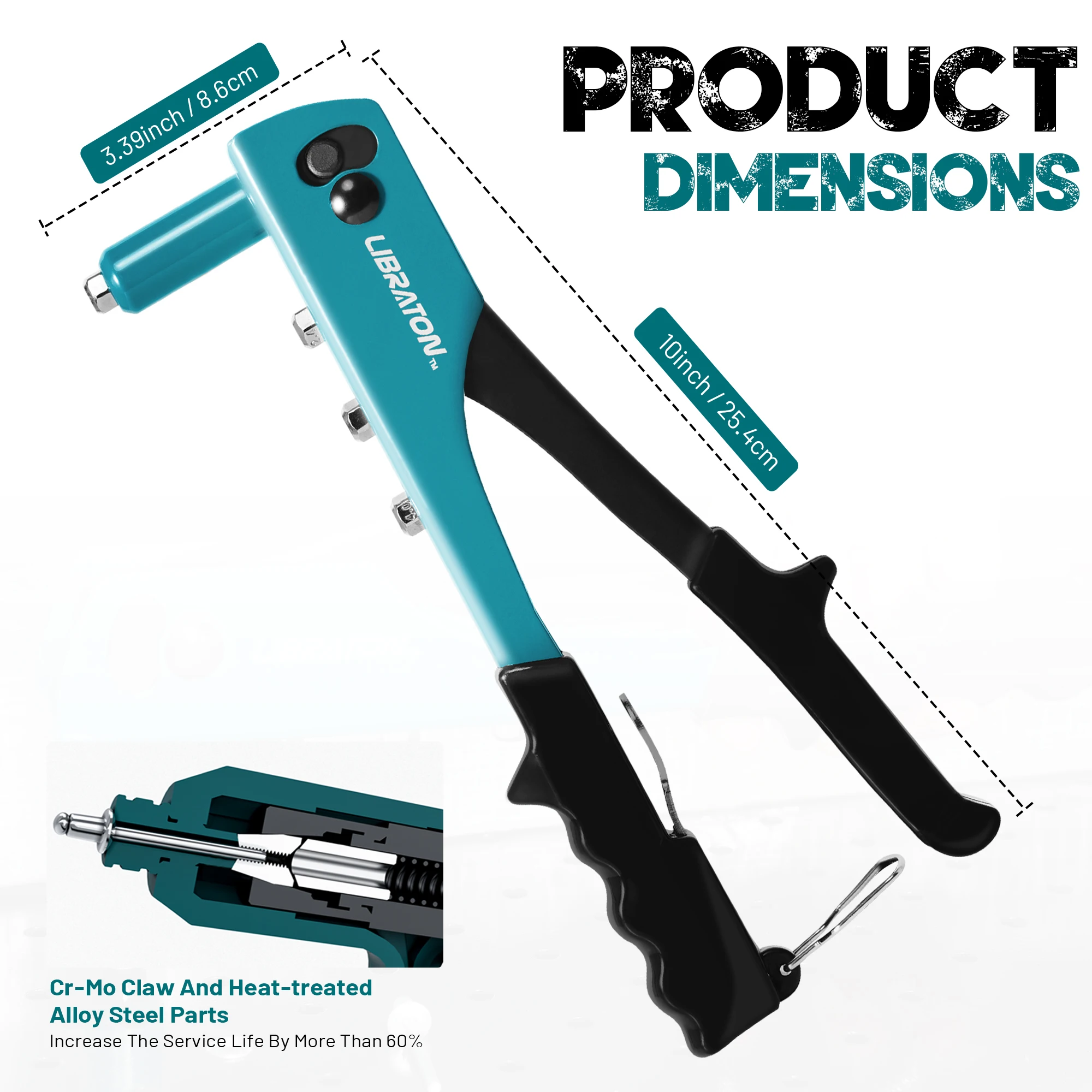 86pcs Rivet Gun Kit, Heavy Duty Hand Riveter with 3/32" 1/8" 5/32" 3/16" Rivet, Rivet Nozzles, Drill Bits, Mini Wrench for Metal