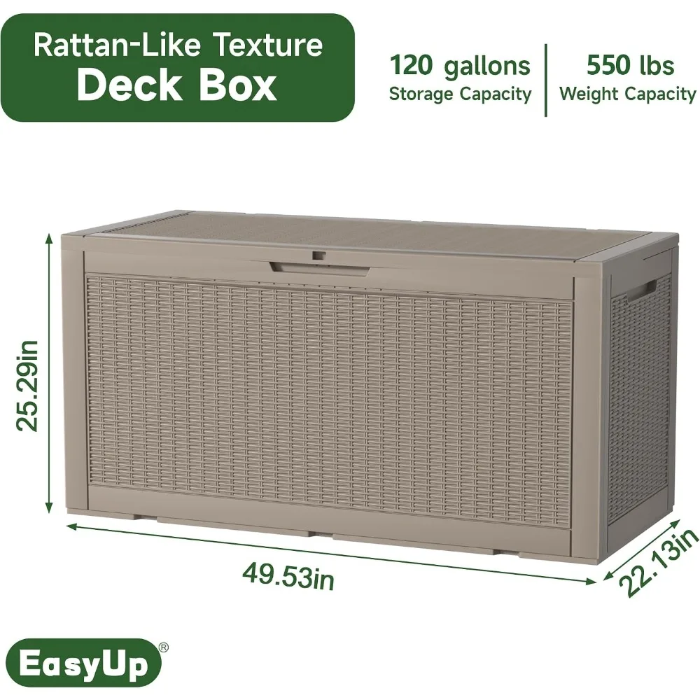 120 Gallon Waterproof Resin Outdoor Storage Deck Box with Hydraulic Rod, Rattan Gray view 3