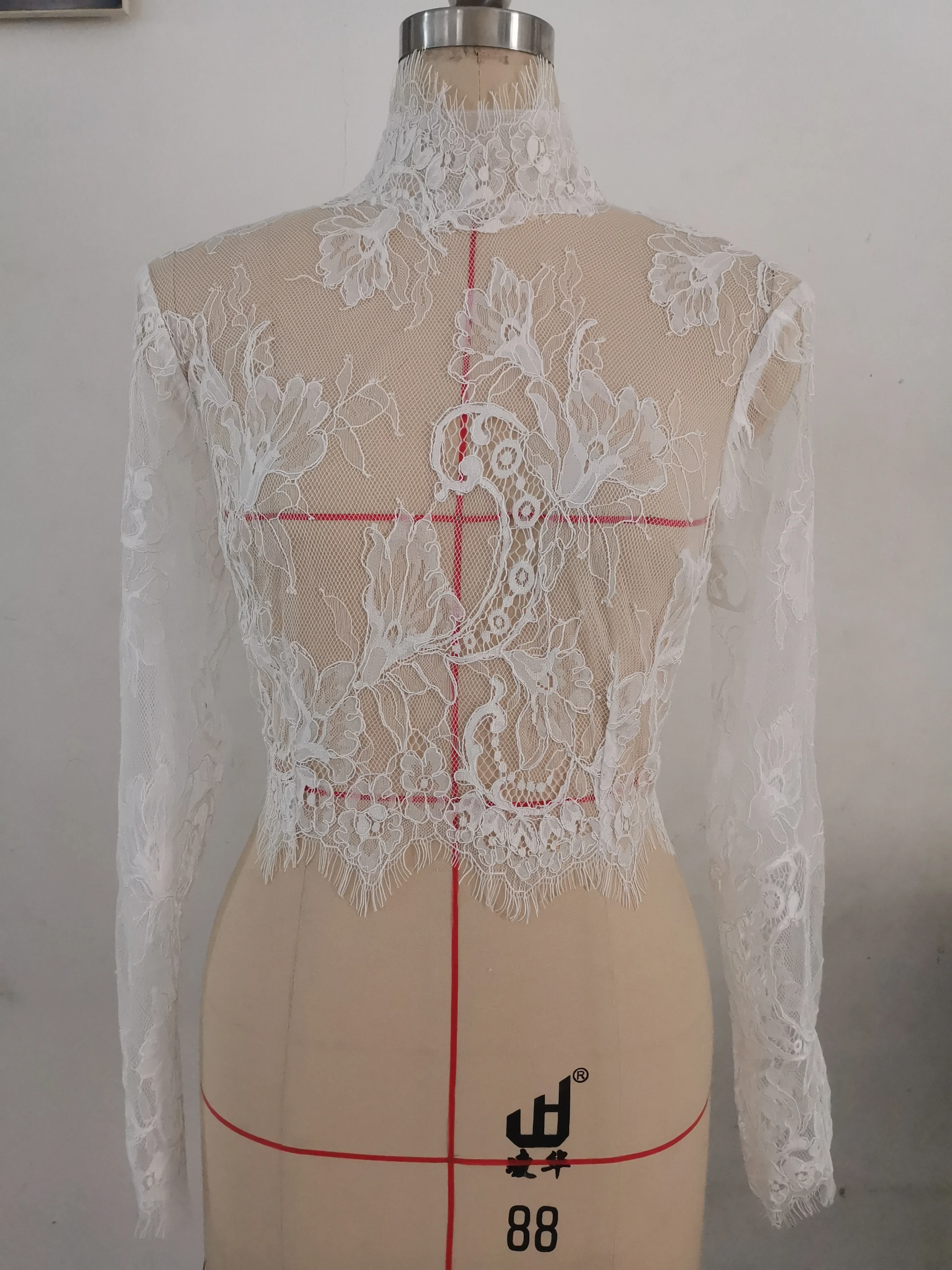 Modest Long Sleeve Lace Wedding Jacket Bolero Woman Bridal Lace Appliqued Wrap Buttons Back Shrug Cape