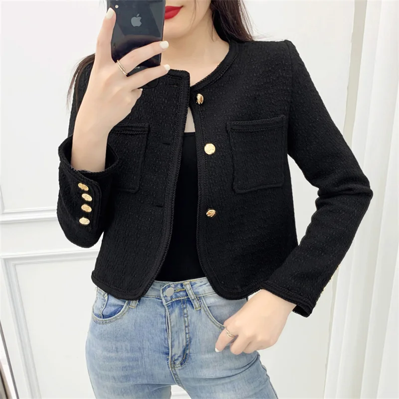 Runway New Autumn Korean Women\'s Clothes Luxury Chic Tweed Woolen Coat Retro O-Neck Long Sleeve Jacket Tops Outwear 2022 Female