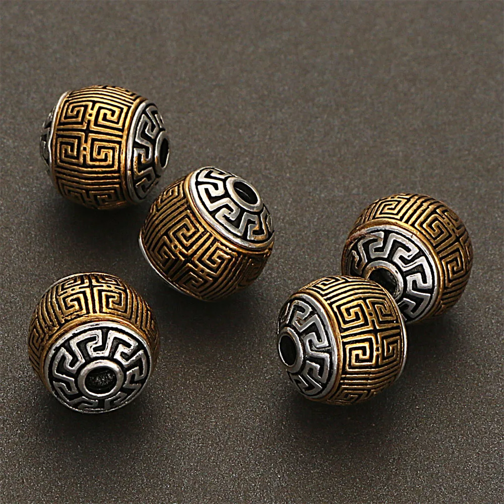 5Pcs 11x11MM Antique Golden Silver Plated Cast Metal Striped Round Spacers Beads With Chinese knot For Diy Jewelry Making