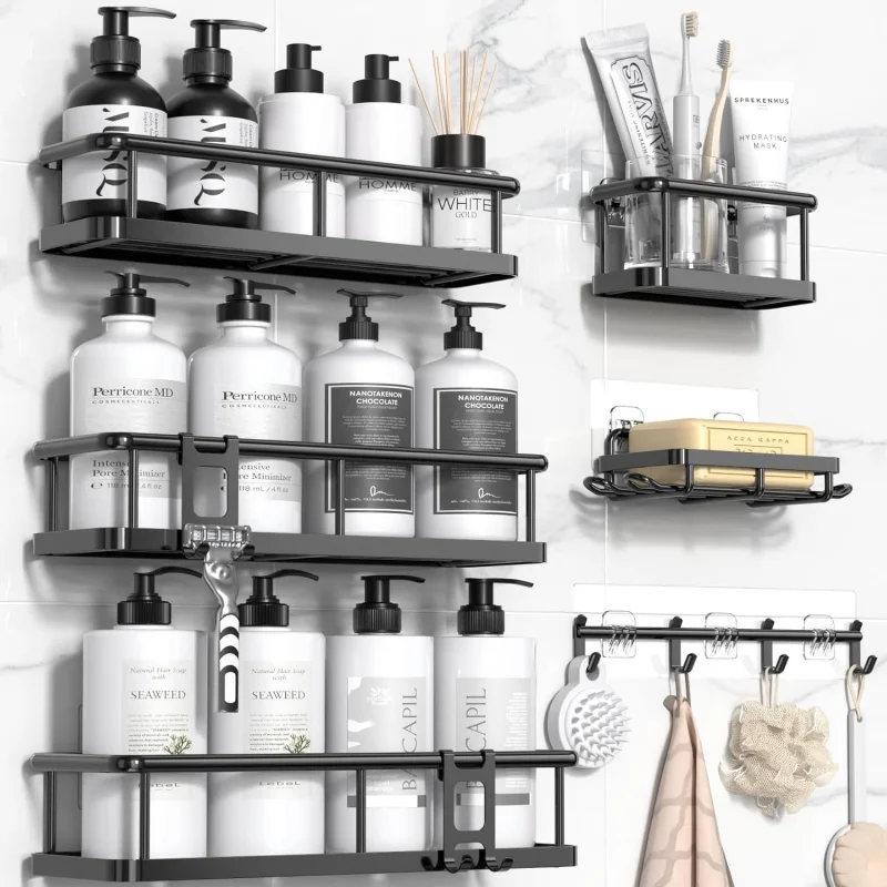 

6 Pack Shower Caddy Organizer Rustproof No Drill Adhesive Bathroom Shelves with Soap Holder 12 Hooks 40lb Heavy Duty Storage
