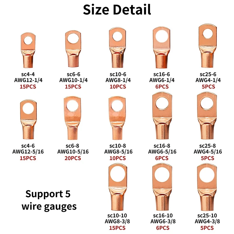 273Pcs Copper Wire Terminal Connectors AWG 2 4 6 8 10 12 Ring Lug Kit With 140Pcs Heat Shrink 133Pcs Battery Cable Lugs