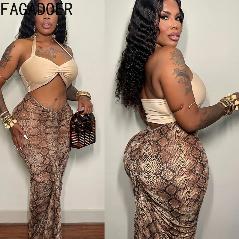 

FAGADOER Sexy Snake Print Hollow Out Bodycon Long Dresses Women Halter Sleeveless Backless Dress Female Streetwear Vestidos New