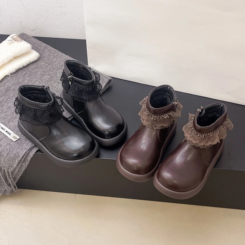 Retro Winter Girls Princess Plush Boots New Lace Ruffled Edge Kids Platform Cotton Boots Children Fashion Ankle Boots Non-slip