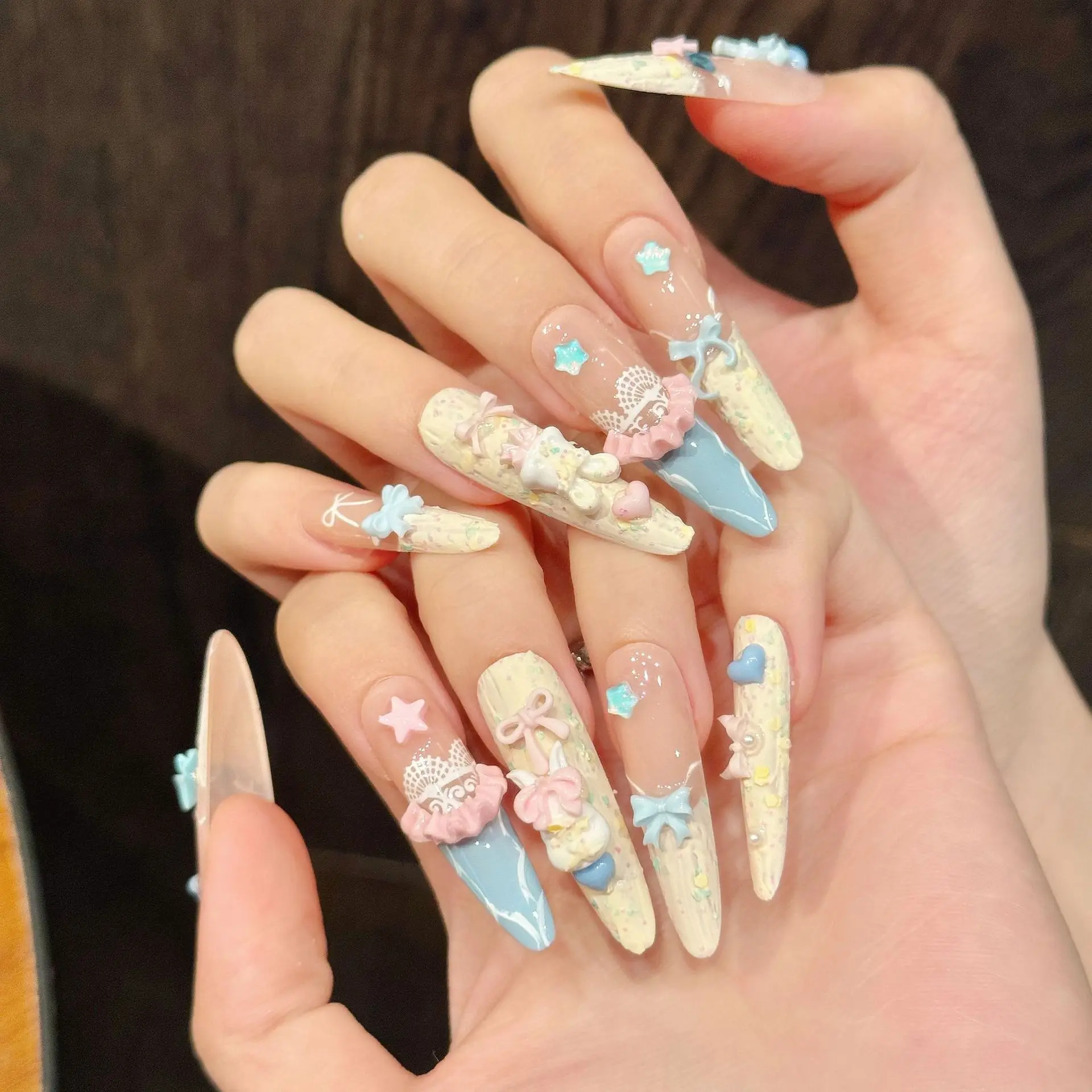10Pcs Blush Cartoon Almond Design Nails Tip Cute Bow Diamond Stick on Bear Decor Press on Nails French Fake Nail False Polka Dot