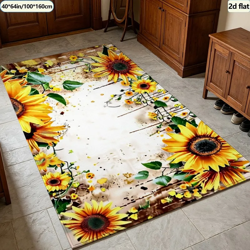Rustic Sunflower Floral Carpet Flooring, Farmhouse Style Area Rug Anti‑Slip Floor Mat for Bedroom Living Room Entryway Home Decor