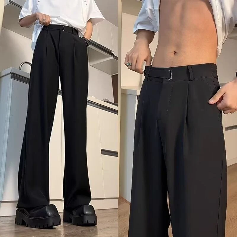 Men's Black Straight Fit Dress Pants High Waist Elegant Drape Tall Size Casual Trousers Spring Summer