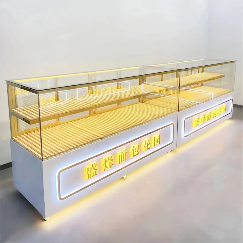 custom.Bread & Pastry Display Glass Bakery Dessert Counter with LED Lighting Golden Yellow Heavy Duty Construction