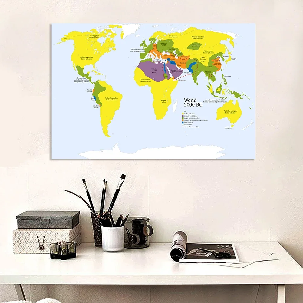 150x100cm mapa primitivo de la tribu del mundo en 2000 BC, lienzo no tejido, pintura, póster grande, decoración del hogar, suministros escolares