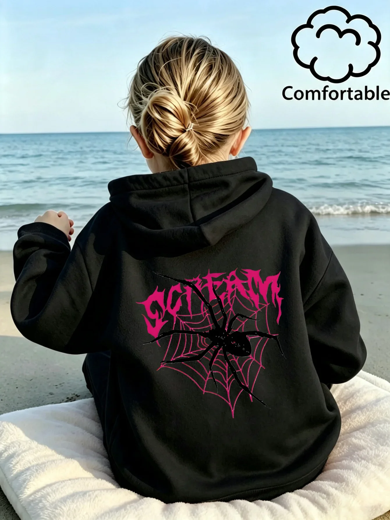 Halloween Kids Hoodie Grey Girls Fall Winter Pullover Spider Web Print Sweatshirt Scream Slogan Casual Long Sleeve