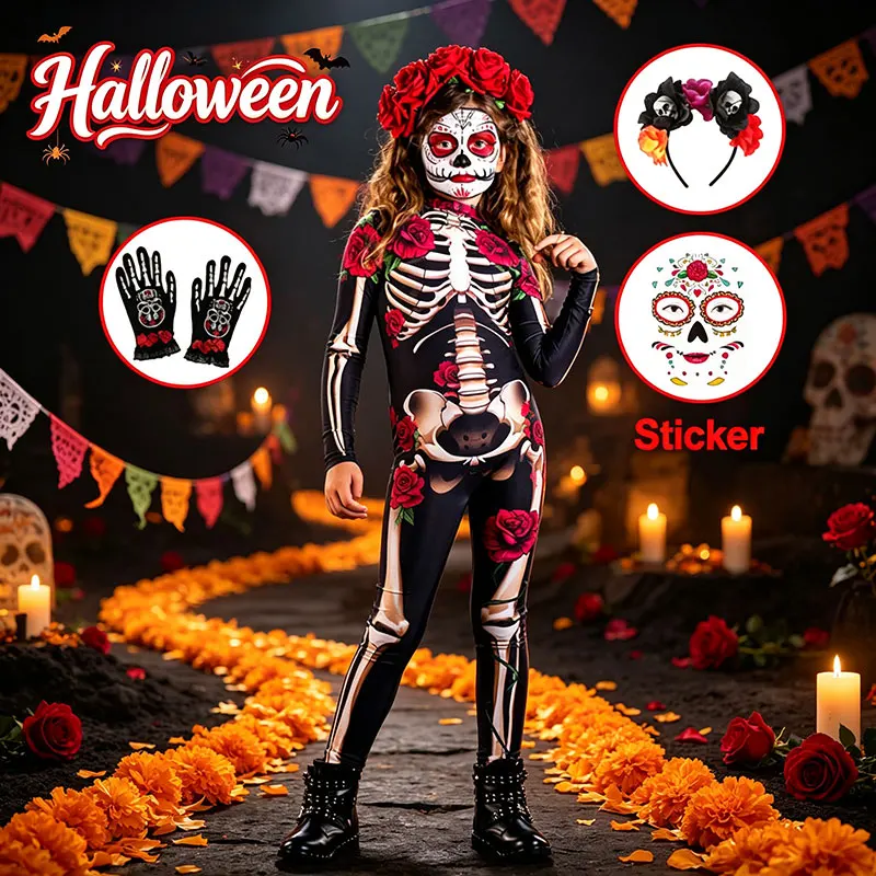 Girls Rose Skeleton Jumpsuit Day of The Dead Costume Kids Halloween Cosplay Bodysuit Carnival Party Fancy Dress Outfit