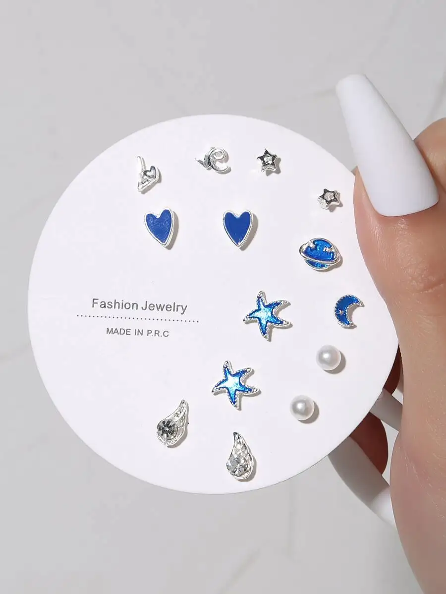 

7 Pairs Fashion Stud Earrings Set With Heart Star Moon Pearl Blue Decor For Women Daily Wear