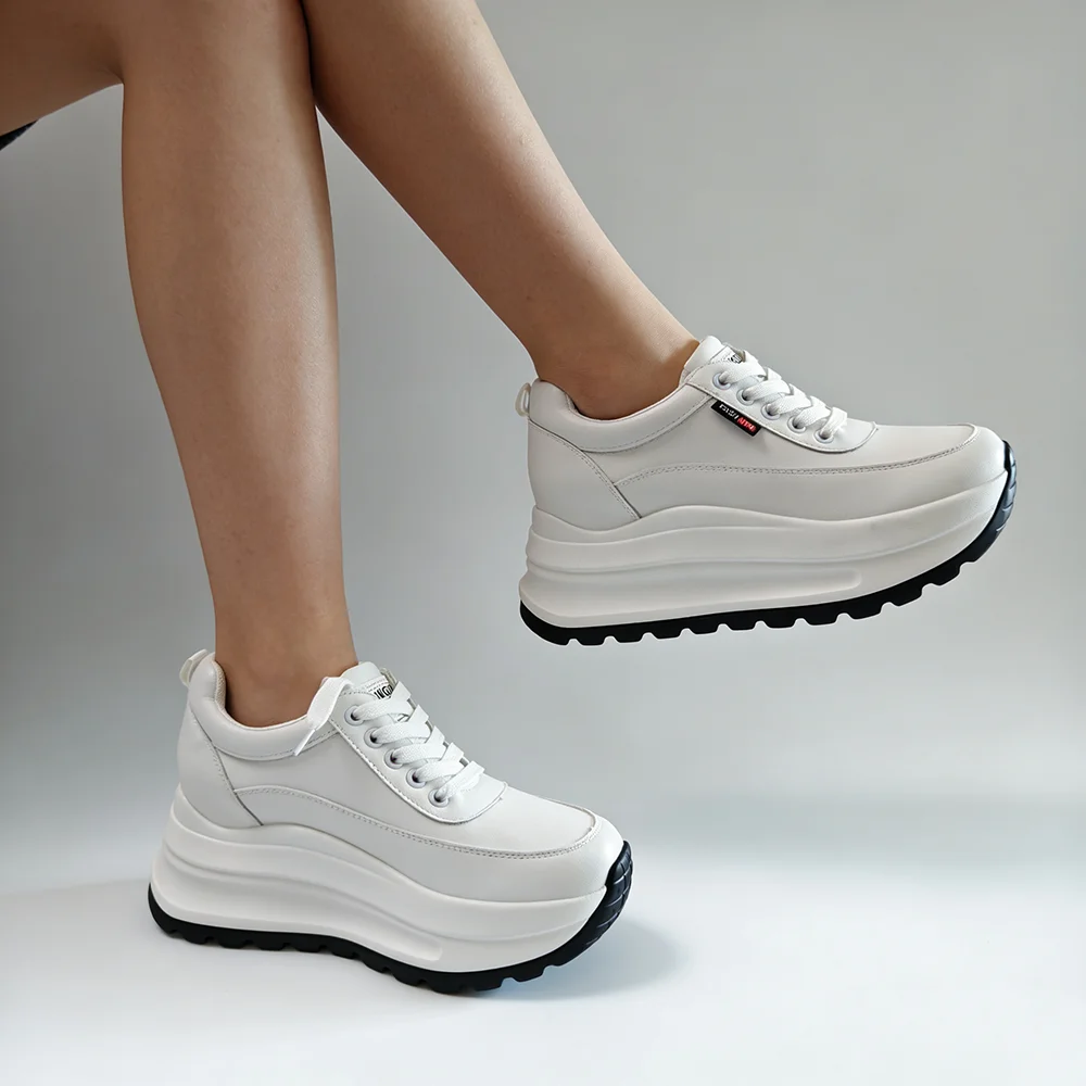 Genuine Leather Shoes Women Chunky Sneakers Black White Platform Daily Sweet Ladies Casual Shoes Height Increasing 8cm D964