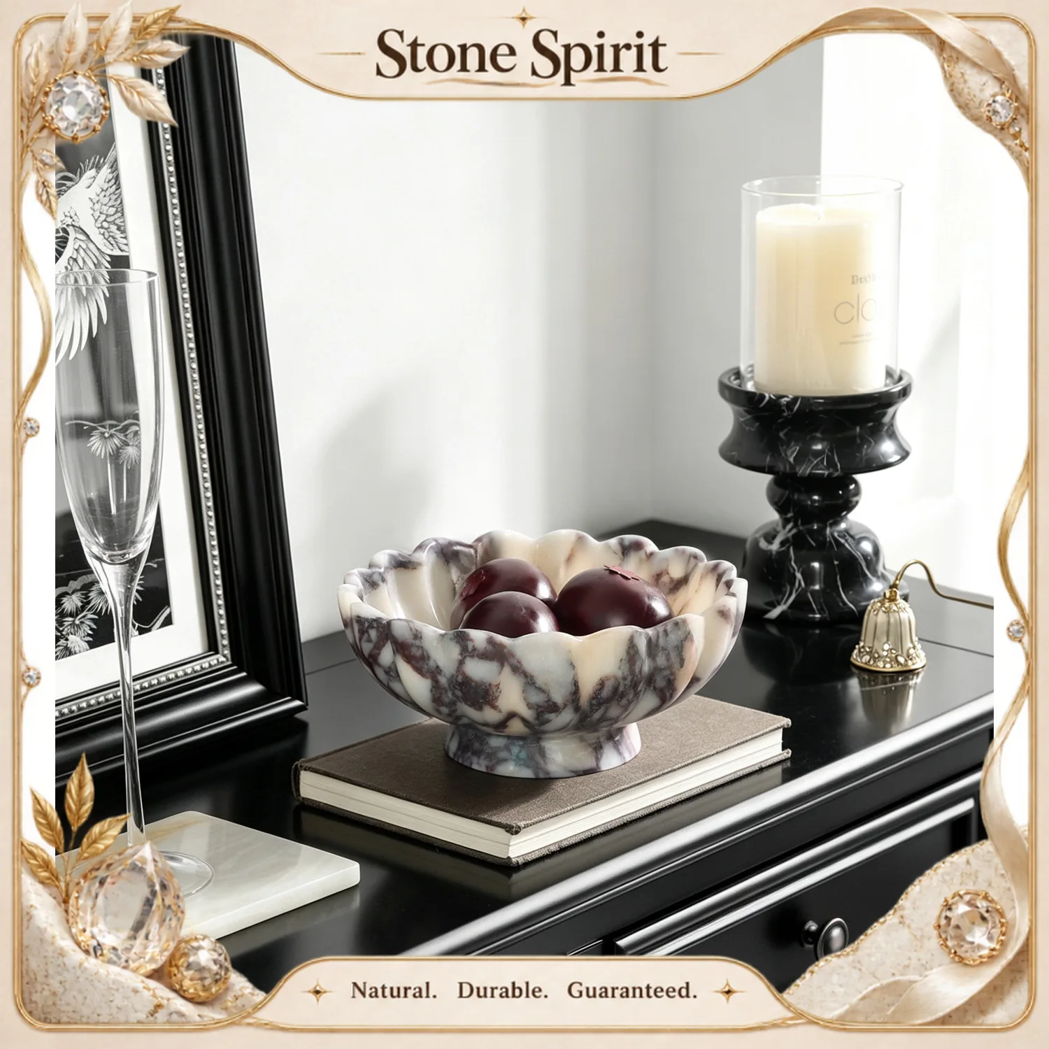 【Natural】Calacatta Viola Natural Marble Tray Handmade Flower Shape Bowl for Fruit Candy Snack Luxury  Tabletop Decor