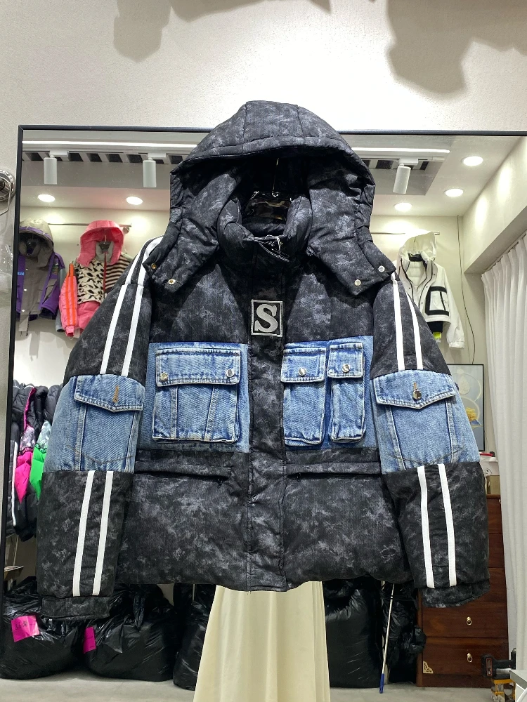 

2025 New Down Jacket Ladies Fashion Y2k Thickened Warm Streetwear Winter Denim Stitching Short 90 White Duck Puffer Coat Outwear