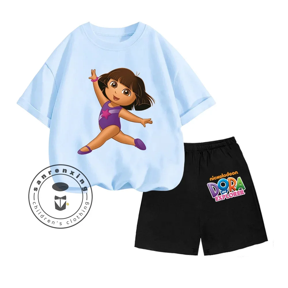 2024 Dora The Explorer Animated Cartoon Print Design O-neck Short Sleeve and Shorts Two-piece Suit for Children 3-14 Years Old