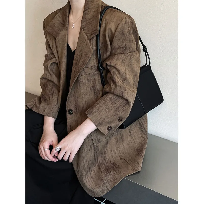 Autumn Vintage Suit Jacket Women Notched Collar Loose Single Breasted Silhouette Suit Coat