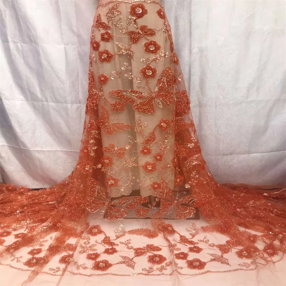 Tecido de renda frisado africano para vestidos de noiva, lantejoulas nigerianas tule, grânulos 3d, luxo francês, alta qualidade, 2022