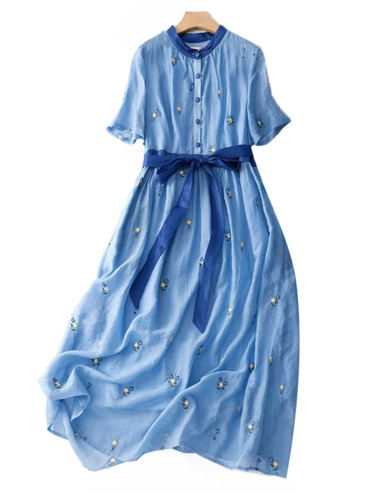 Retro ricamo floreale in cotone Lin ort Sve Dr Cintura dimagrante estiva da donna Grande altalena in lino lungo Dr