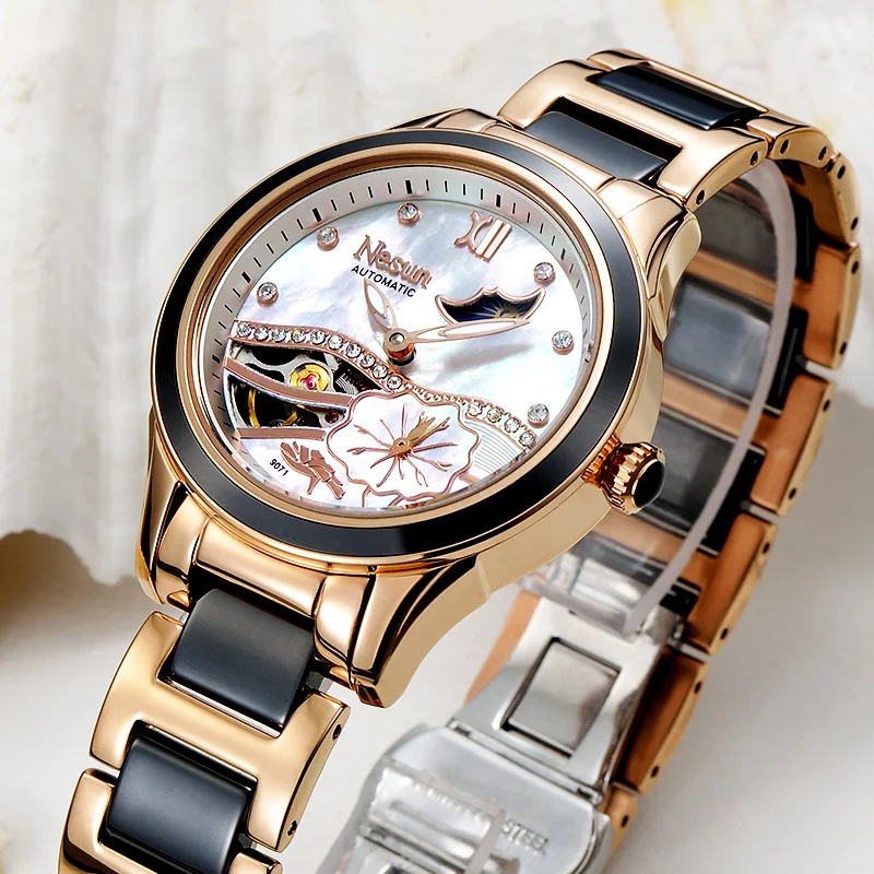 Switzerland NESUN Luxury Brand Automatic Mechanical Women's Watches Waterproof Moon Phase Skeleton Fashion Ladies Clock N9071L